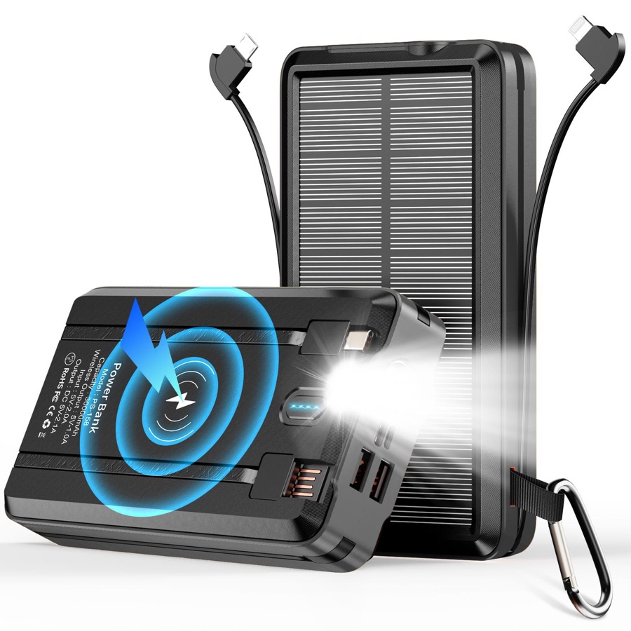 psooo Solar Power Bank 52800mAh Fast Charging Battery Pack with Built-in 4 Cables, Dual USB Outputs, Wireless Charging, LED Flashlight, for Cell Phone Camping and Hiking