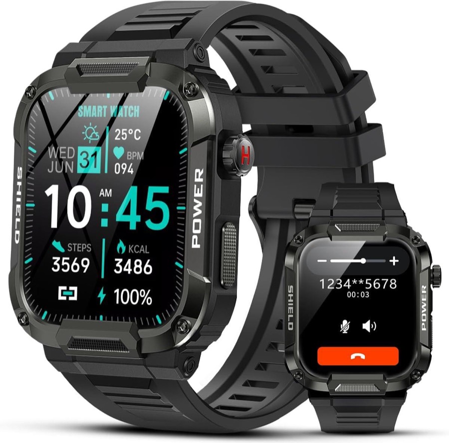 Sport Smart Watch for Men - 1.85 Military Smart Watches IP68 Waterproof Smart Watches with Bluetooth Call Outdoor Tactical Sports Rugged Fitness Tracker Watch for iPhone Android Phones (Black)